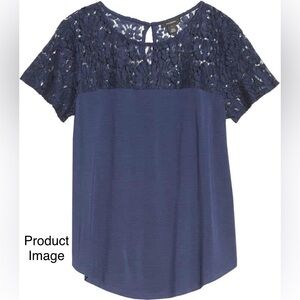 NWT Halogen Floral Lace Yoke Top Jewel Neck Short Sleeve Curved Hem